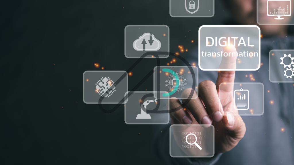 Digital transformation consultant showcasing innovative solutions through interactive technology icons, including cloud computing and data analytics.