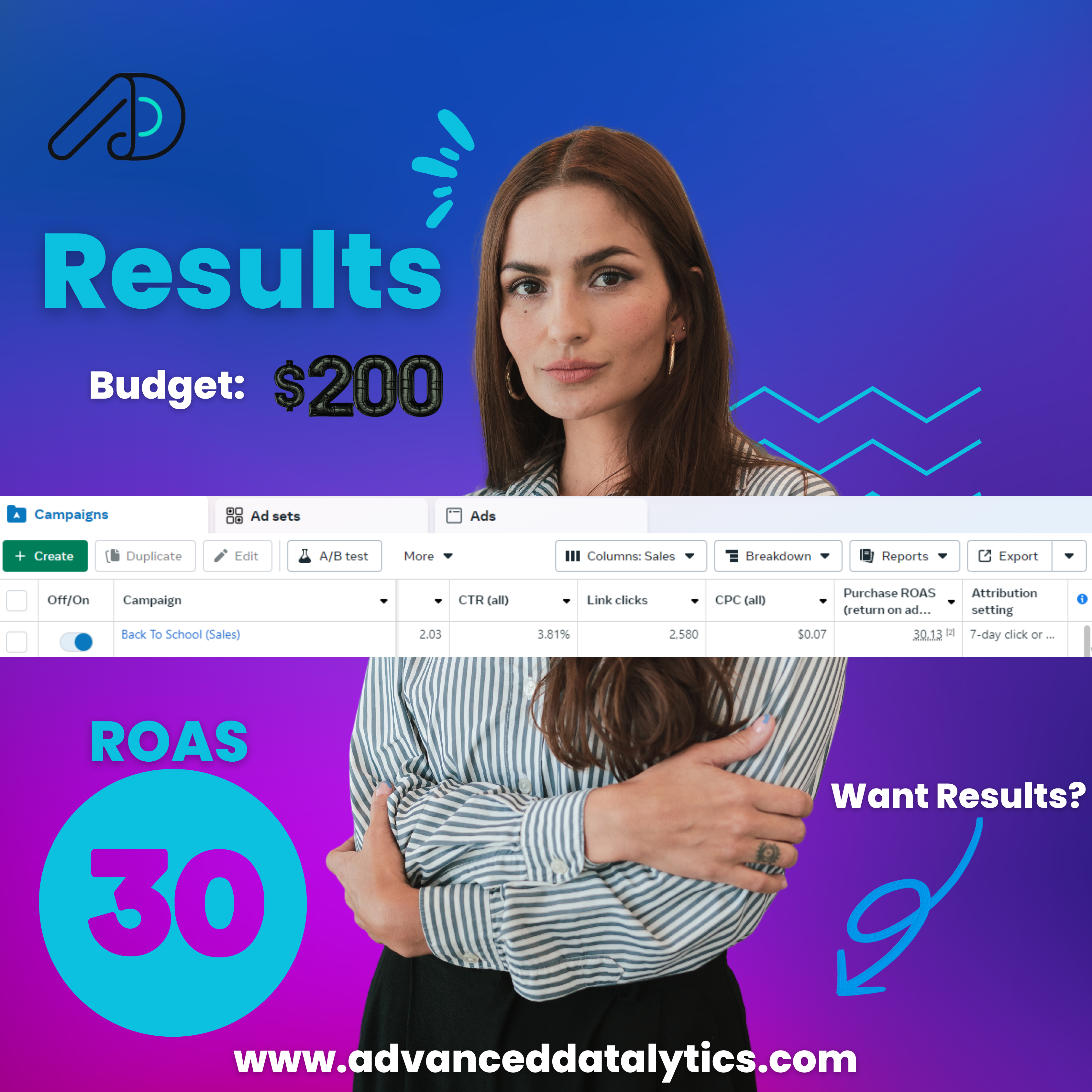 Blue and Purple Minimalist Management Focused on Results Marketing Instagram Post