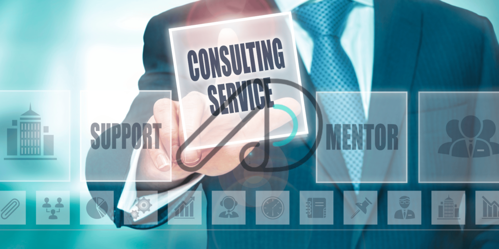 Business professional in a suit interacting with a digital interface, selecting 'Consulting Service' with options like 'Support' and 'Mentor' in the background. Concept representing IT consulting and business advisory services.