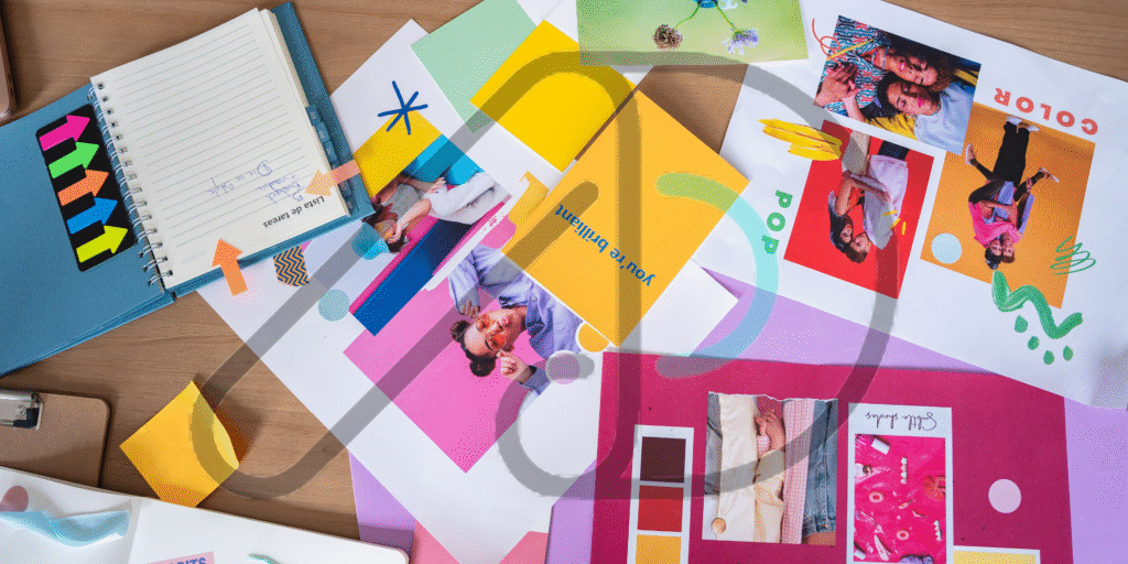 A creative mood board on a desk with various visual elements, representing effective branding for small businesses.