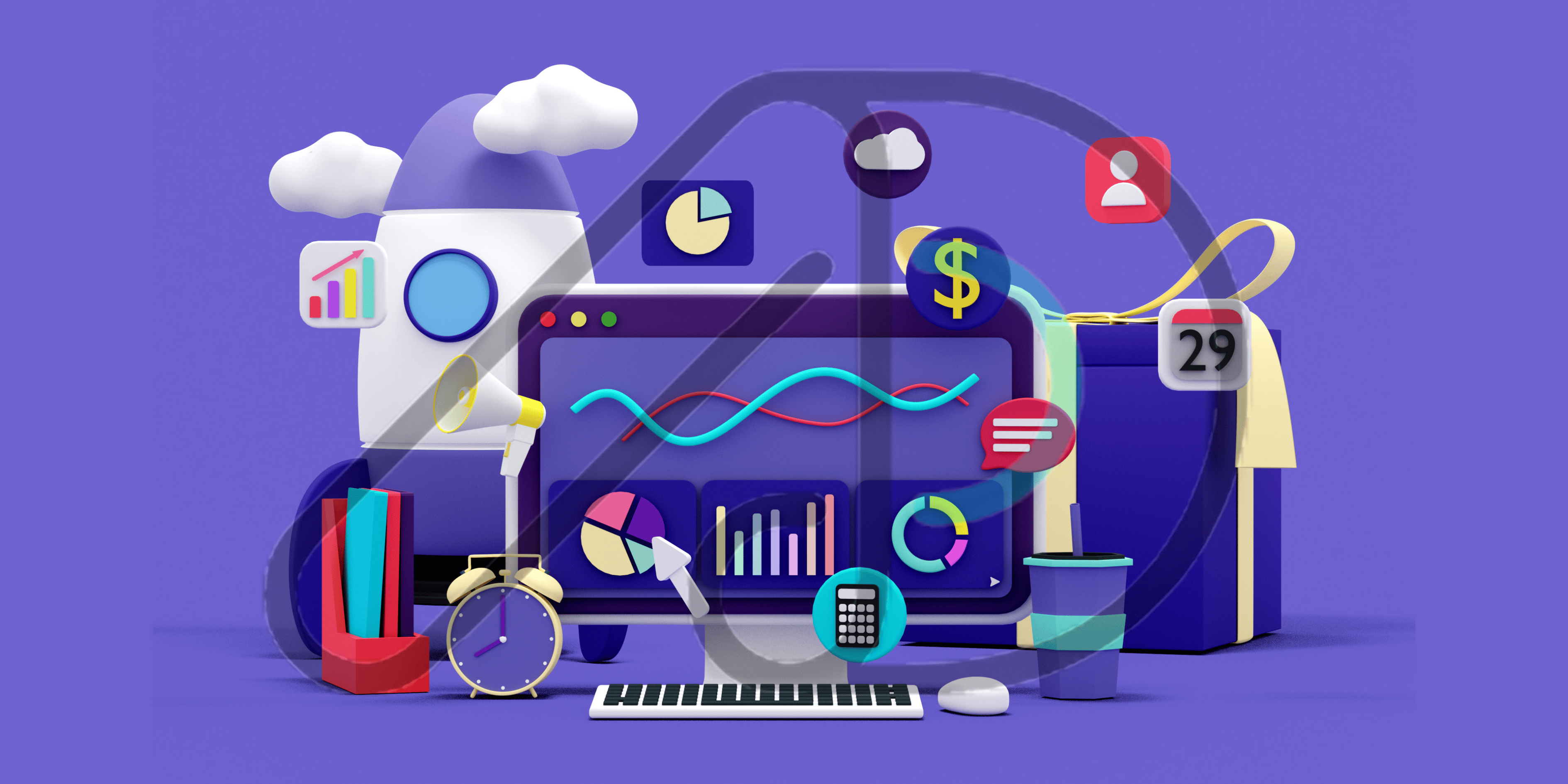 Affordable SEO services illustration with graphs, charts, and digital growth icons on a purple background.