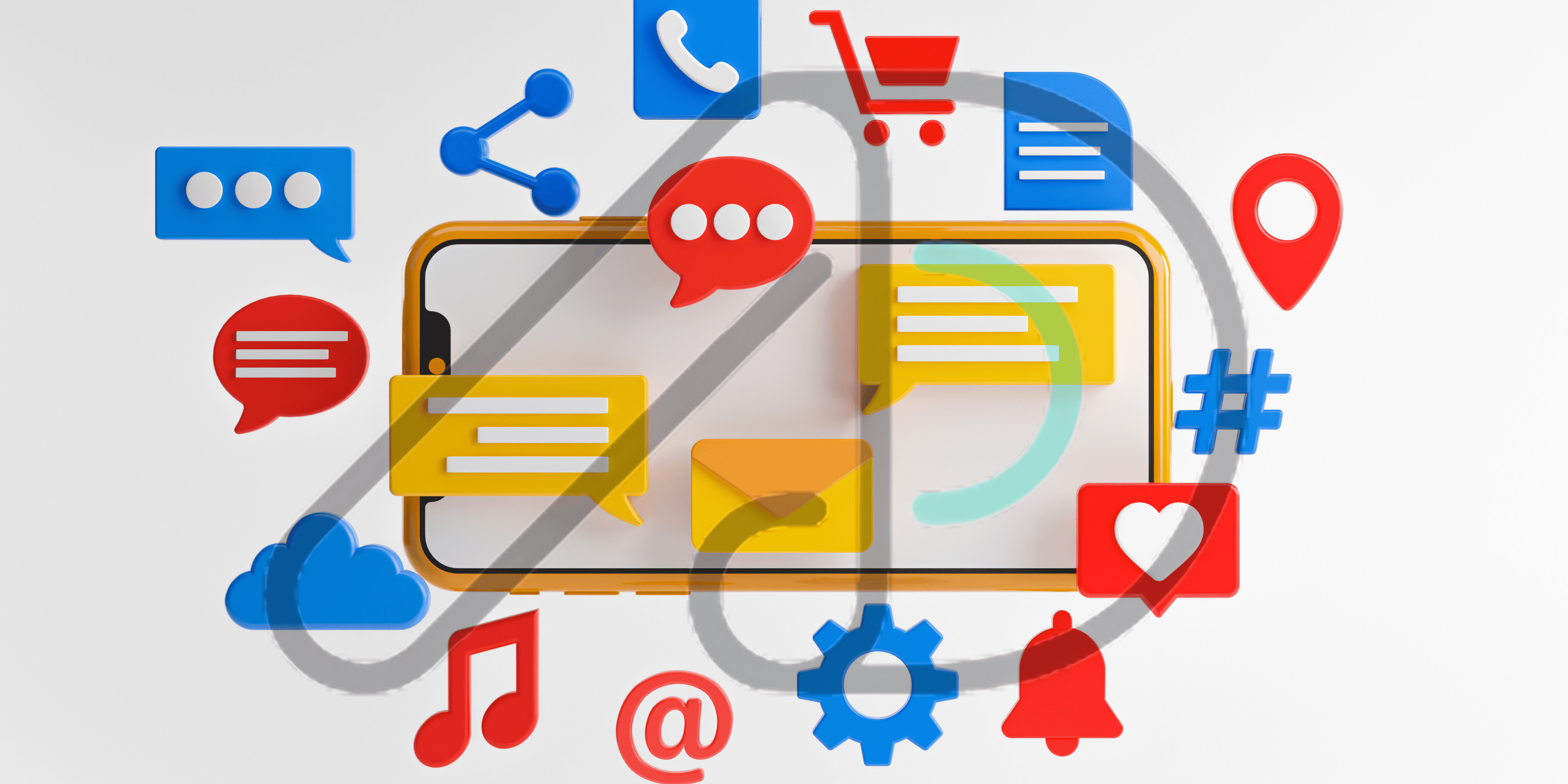 Social media marketing services visual with colorful chat, like, and share icons around a smartphone