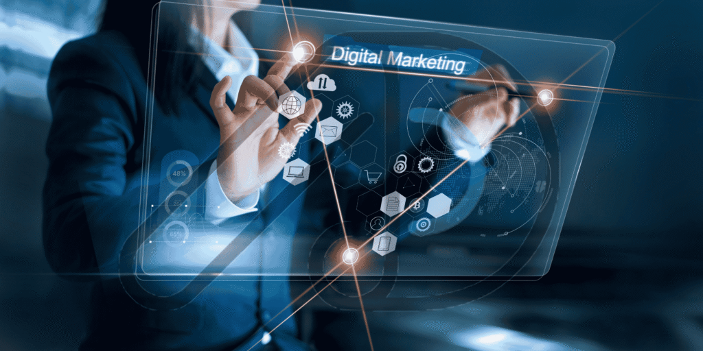 Businesswoman interacting with a virtual screen showcasing digital marketing consulting tools.