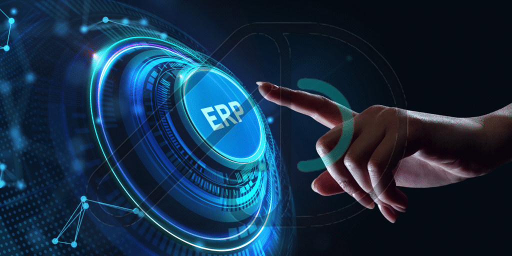 A finger is pressing a glowing blue button labeled
"ERP" on a futuristic, digital interface. The background is dark with swirling blue and green light trails and interconnected nodes, suggesting a network or data flow. This image visually represents the concept of a user interacting with a modern, integrated cloud-based ERP system.