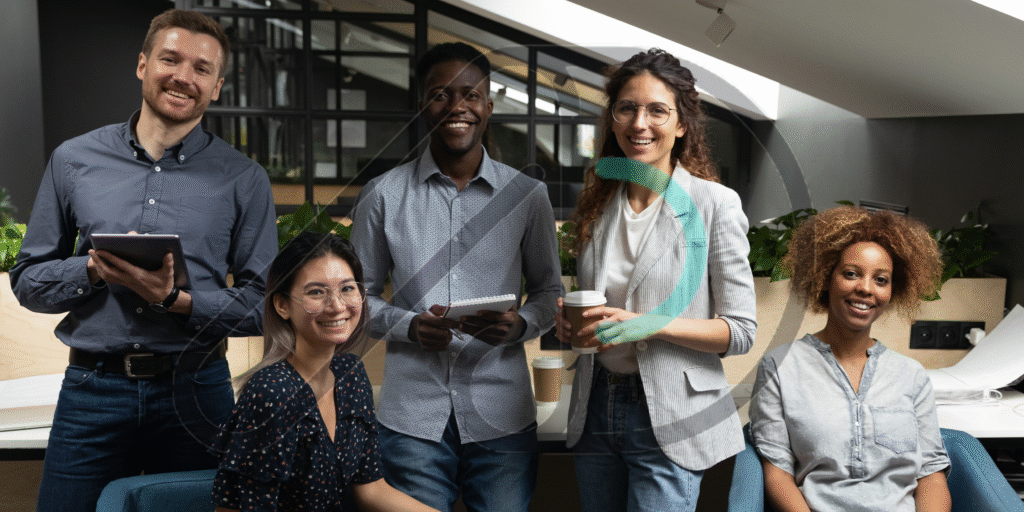 A diverse team of five professional people smiling in an office setting with the Advanced Datalytics logo subtly overlaid. This photo represents the expertise of digital marketing agencies in United States.