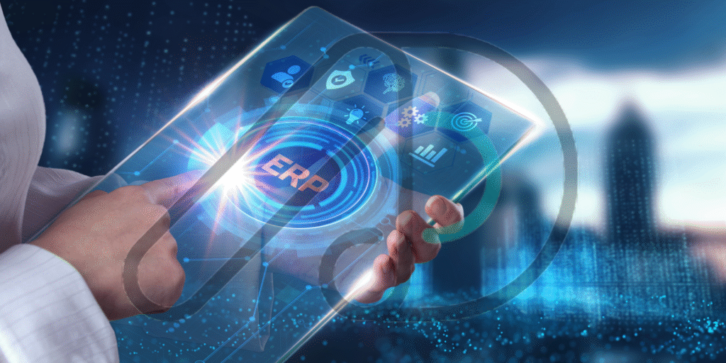 A person's hand interacting with a holographic display that shows the acronym "ERP" and various business icons, symbolizing modern enterprise resource planning software.